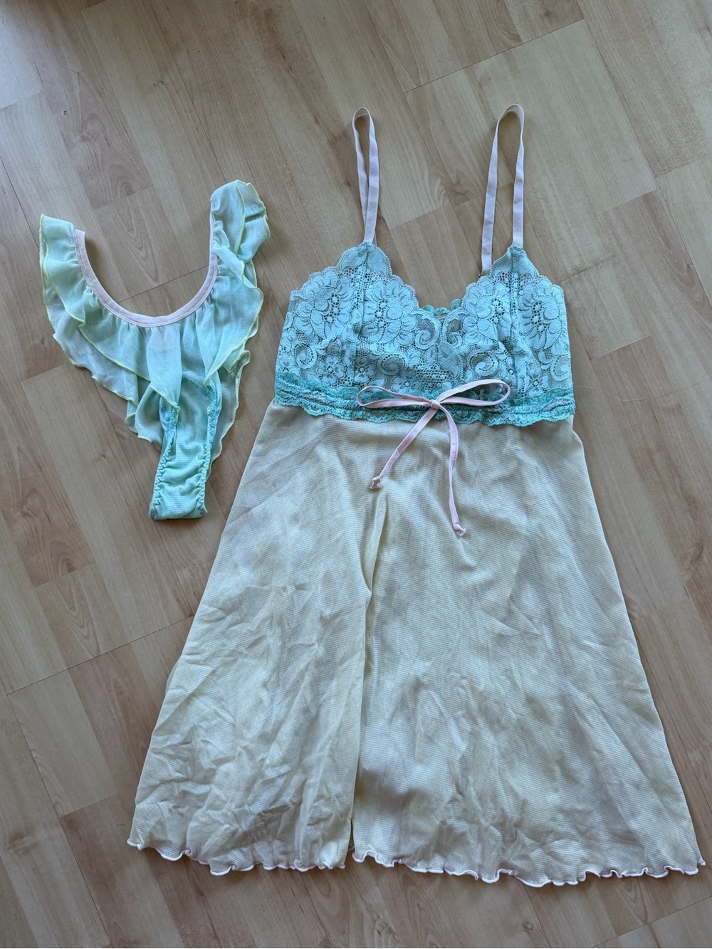 Ur HAH Doll Slip Dress & Panties Set | Mint Yellow & Pink  / XS